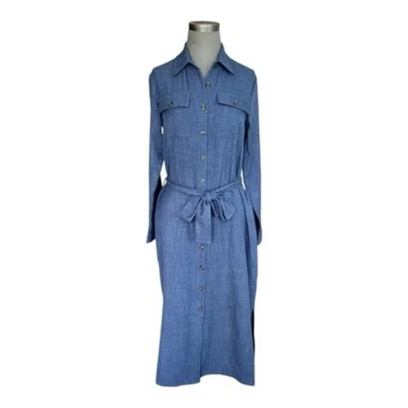 DKNY Denim Blue Long Sleeve Belted Midi Shirtdress Cotton Robe Dress Size 6 - Picture 2 of 6